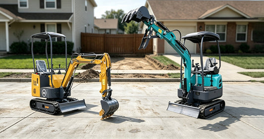 Two mini excavators on residential driveway for landscaping work